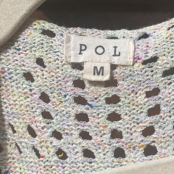 POL Boho Knit Open Front Short Sleeve Cardigan Sweater Pastel Sz M Crochet Beach - Picture 9 of 13